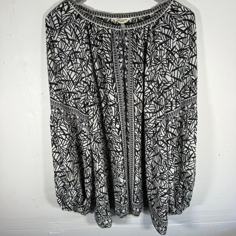 MAX STUDIO WOMENS 1X BLACK WHITE PUFF‎ SLEEVE PEASANT GEOMETRIC FEMININE ELEGANT